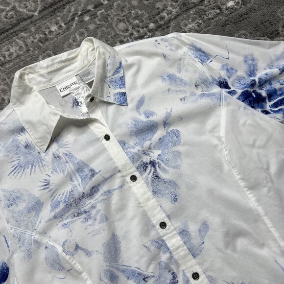 Chico's Button Up Shirt Blue White Floral Beach Hawaiian Blouse Top 3 XL/16 NWOT - Picture 2 of 8